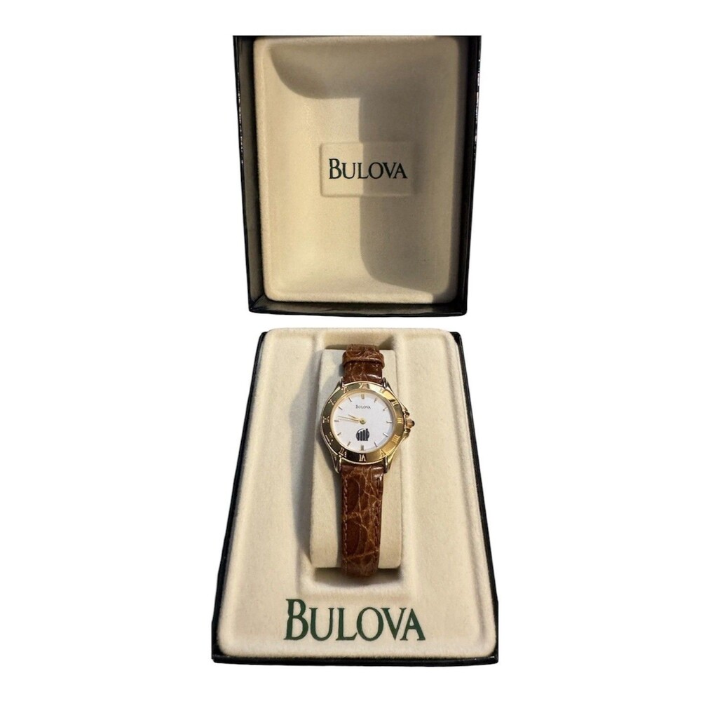 Bulova Womans Gold Tone Quartz Watch Leather Strap 97L97 NIB Needs Battery